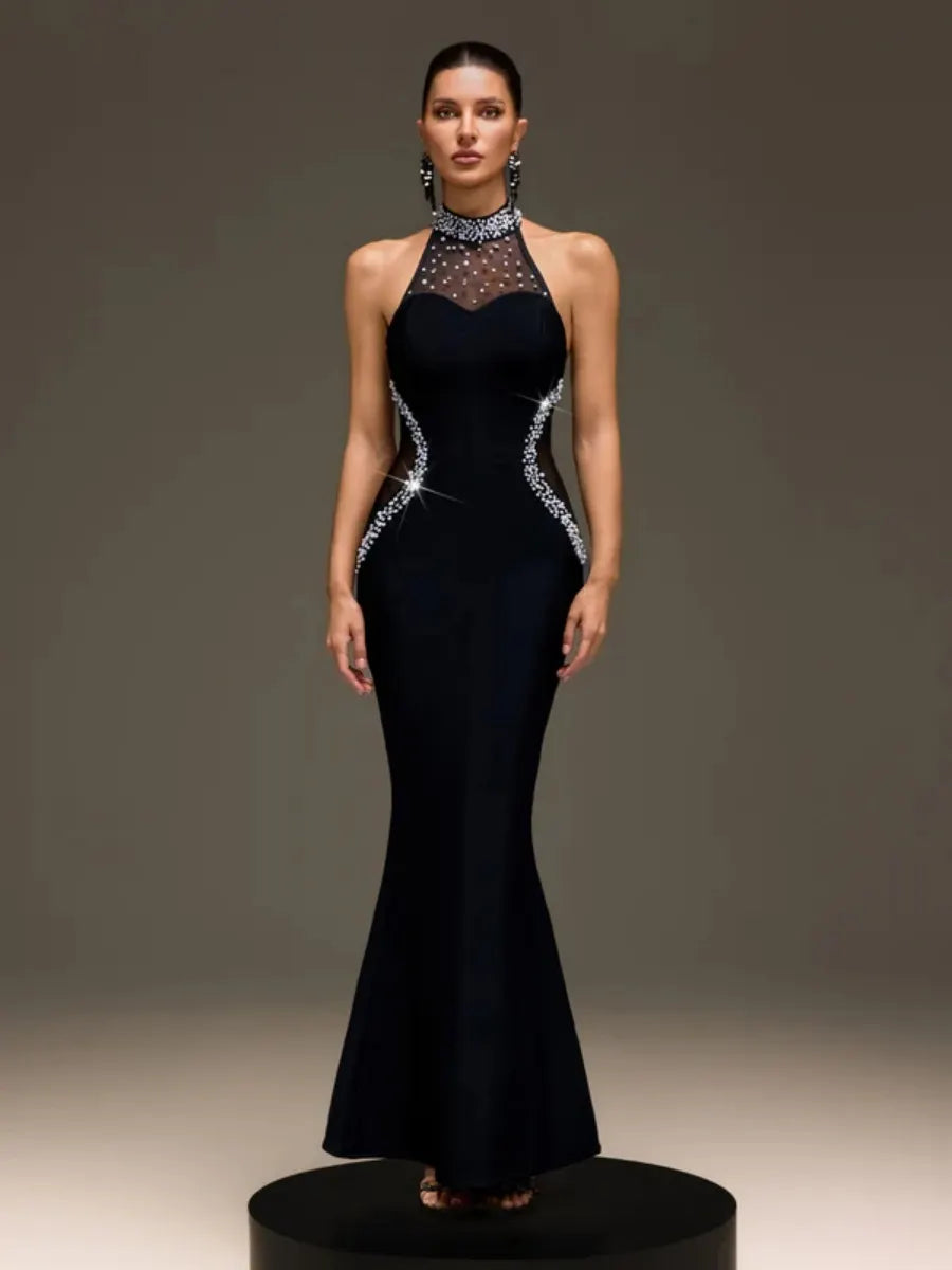 Chloe Halter Crystal-Embellished Mesh Mermaid Gown