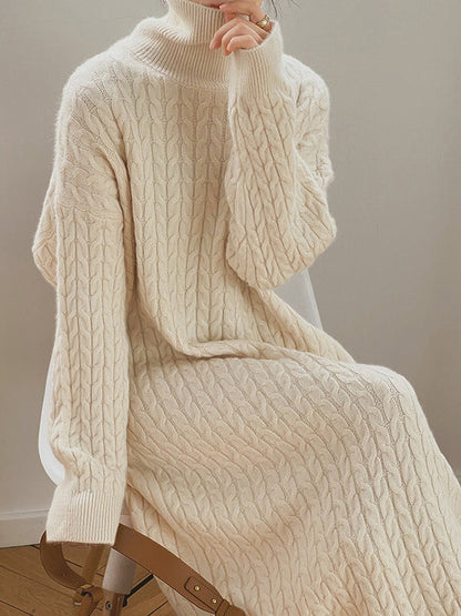 Solid Color H-Line Long Sleeves High Neck Knitted Midi Dresses