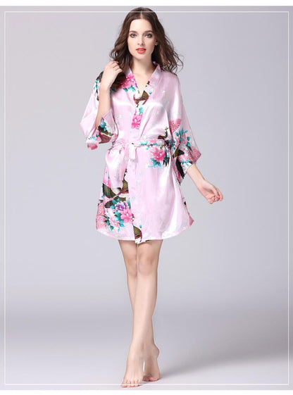 Silk Nightgown Women'S Summer Mid Sleeve Peacock Pajamas Bathrobe Large Size Home Clothes 2