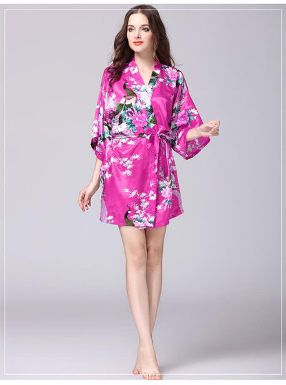 Silk Nightgown Women'S Summer Mid Sleeve Peacock Pajamas Bathrobe Large Size Home Clothes 1