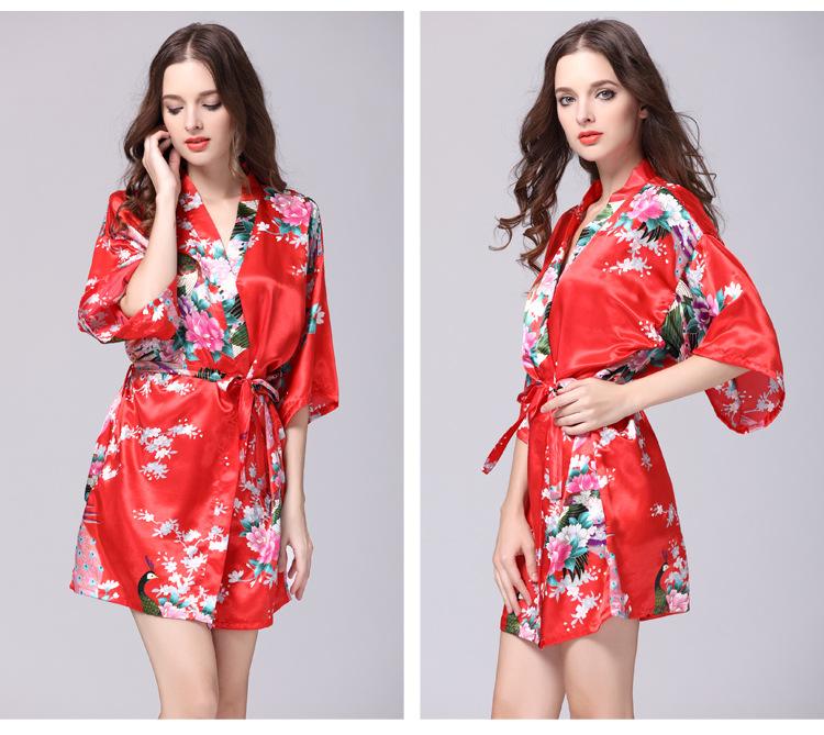 Silk Nightgown Women'S Summer Mid Sleeve Peacock Pajamas Bathrobe Large Size Home Clothes 1