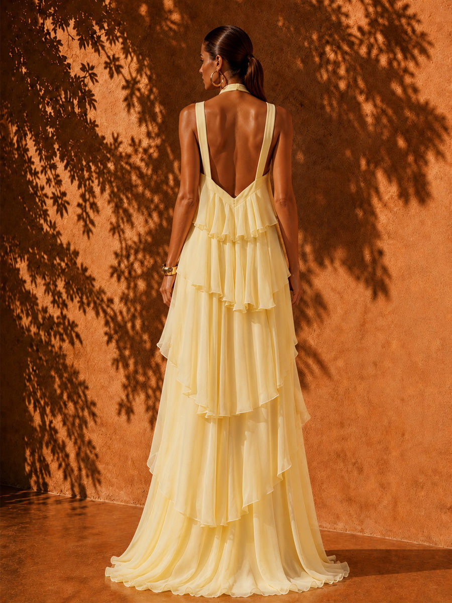 Luna Layered-Detail Backless Asymmetrical Maxi Dress