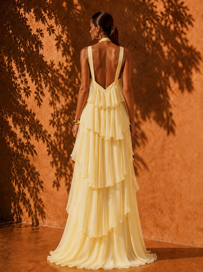 Luna Layered-Detail Backless Asymmetrical Maxi Dress
