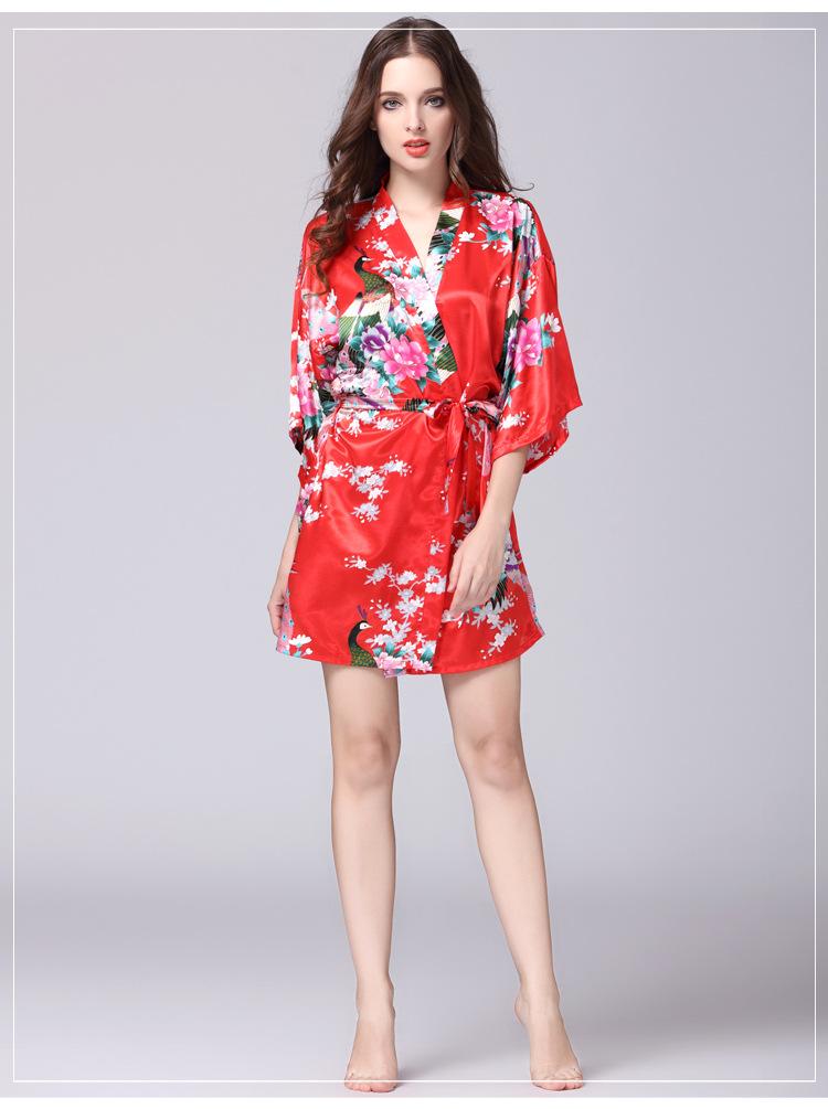 Silk Nightgown Women'S Summer Mid Sleeve Peacock Pajamas Bathrobe Large Size Home Clothes 1