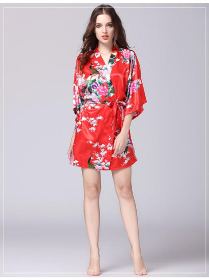 Silk Nightgown Women'S Summer Mid Sleeve Peacock Pajamas Bathrobe Large Size Home Clothes 1