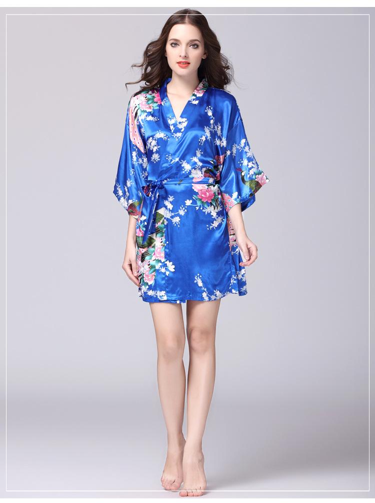 Silk Nightgown Women'S Summer Mid Sleeve Peacock Pajamas Bathrobe Large Size Home Clothes 2