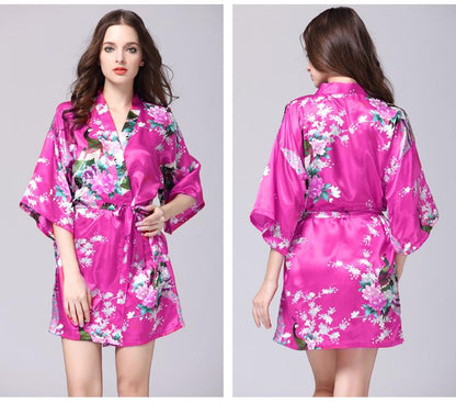 Silk Nightgown Women'S Summer Mid Sleeve Peacock Pajamas Bathrobe Large Size Home Clothes 1