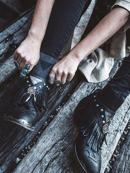Women Ankle Boots Chunky Low Heels Ladies Vintage Pu Leather Gladiator Tassels Shoes