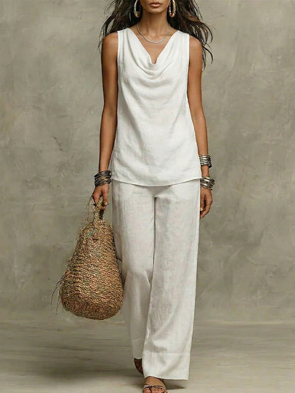 Effortless Drape Two-Piece Set - Sleeveless Cowl Neck Top & Wide Leg Pants