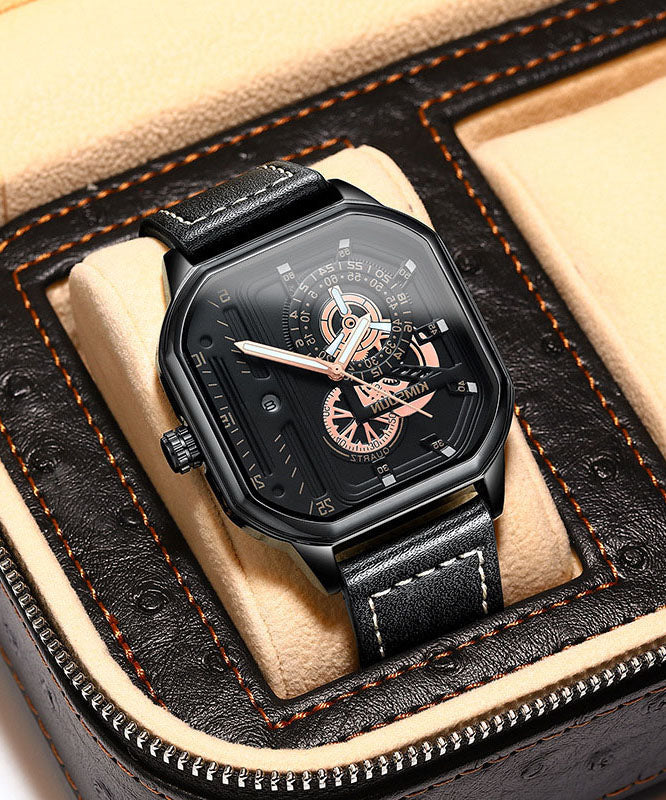 Unique Black Leather Quartz Movement Noctilucent Watches