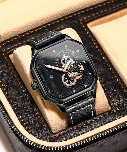 Unique Black Leather Quartz Movement Noctilucent Watches