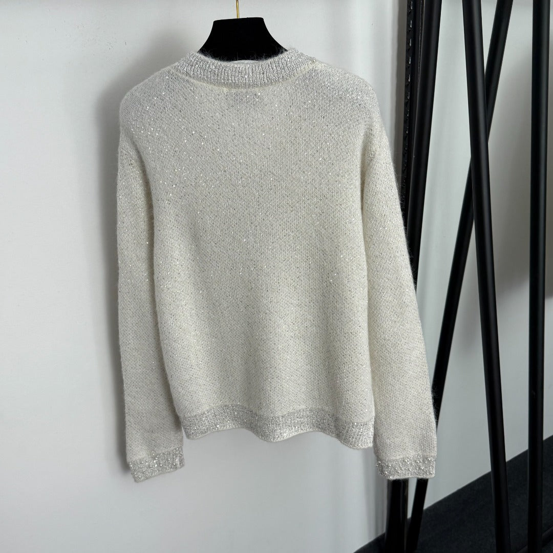 Chanel Rhinestone-Studded V-Neck Long-Sleeve White Wool Knit Sweater