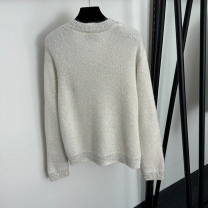 Chanel Rhinestone-Studded V-Neck Long-Sleeve White Wool Knit Sweater