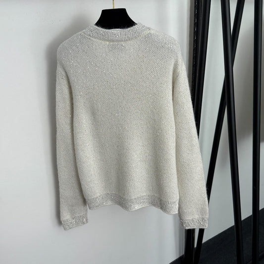 Chanel Rhinestone-Studded V-Neck Long-Sleeve White Wool Knit Sweater
