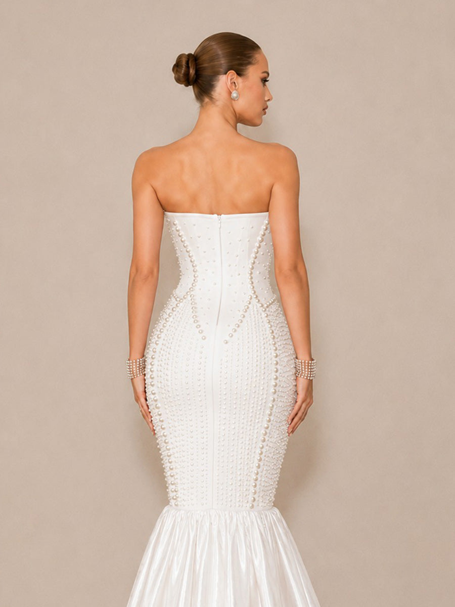 Arielle Sexy Strapless Pearl-Beaded Maxi Dress