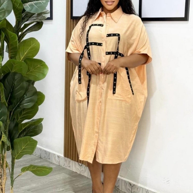 Loose Collar Short Sleeve Midi Shirt Dress