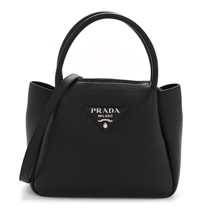 Vitello Daino Soft Small Zippered Top Handle Bag Black