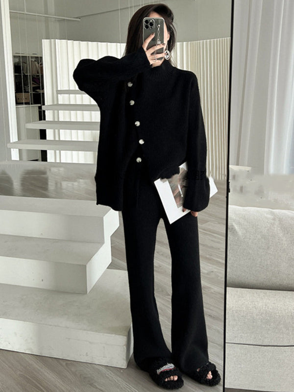 Casual Loose Solid Color Half Turtleneck Sweater Tops & Wide Leg Pants Suits
