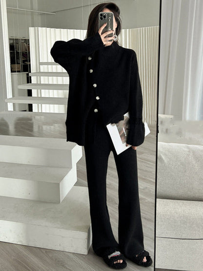Casual Loose Solid Color Half Turtleneck Sweater Tops & Wide Leg Pants Suits