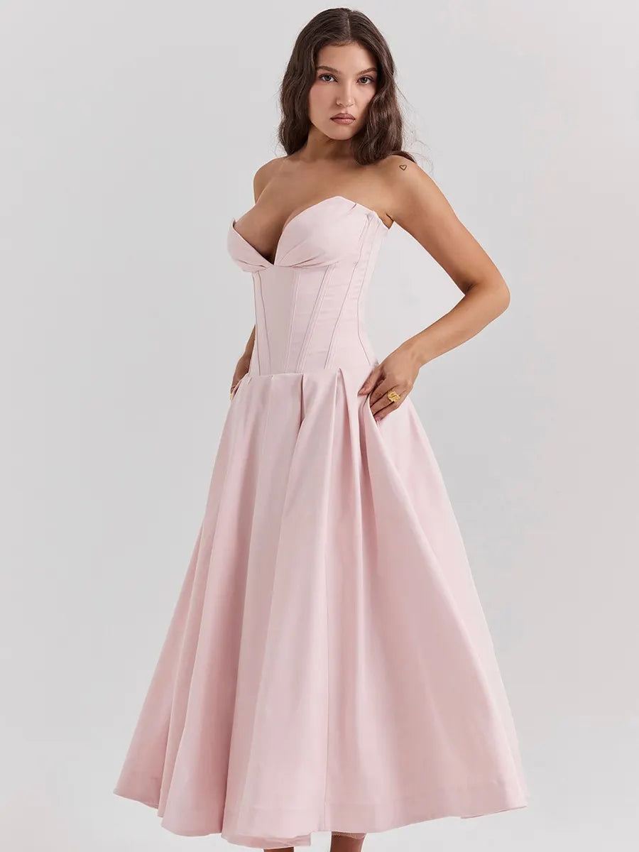Savannah Off-Shoulder Corset Midi Dress In Pink