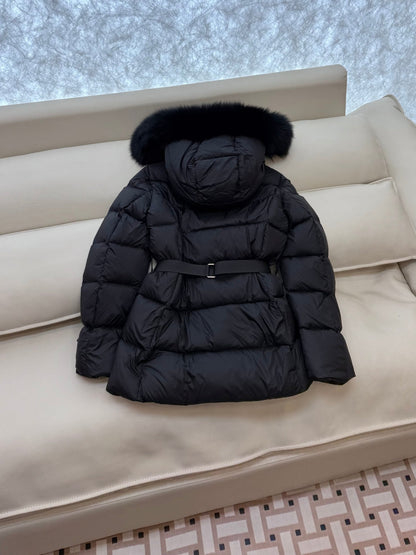 Burberry 25 Fur Collar Plaid Slim-fit Black Jacket Polyester Down