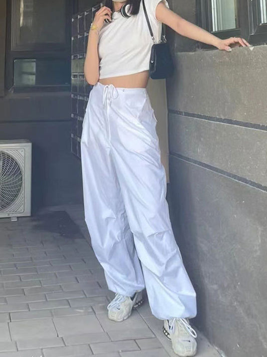Loose Drawstring See-Through Solid Color Pants Trousers
