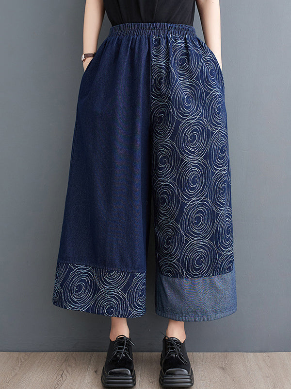 High Waisted Loose Asymmetric Elasticity Printed Split-Joint Jean Pants Bottoms