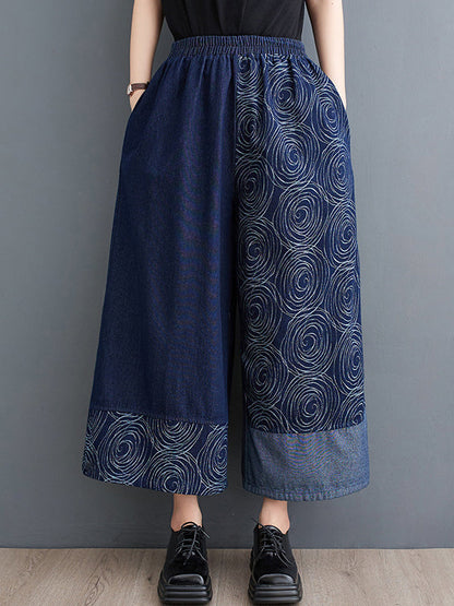 High Waisted Loose Asymmetric Elasticity Printed Split-Joint Jean Pants Bottoms