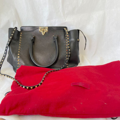 Valentino Black Leather Rockstud Trapeze Tote