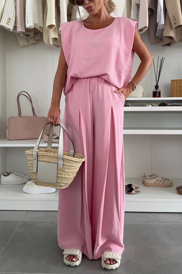 Santie Round Neck Cape Sleeve Loose Top and Elastic Waist Pocket Wide Leg Pants Set