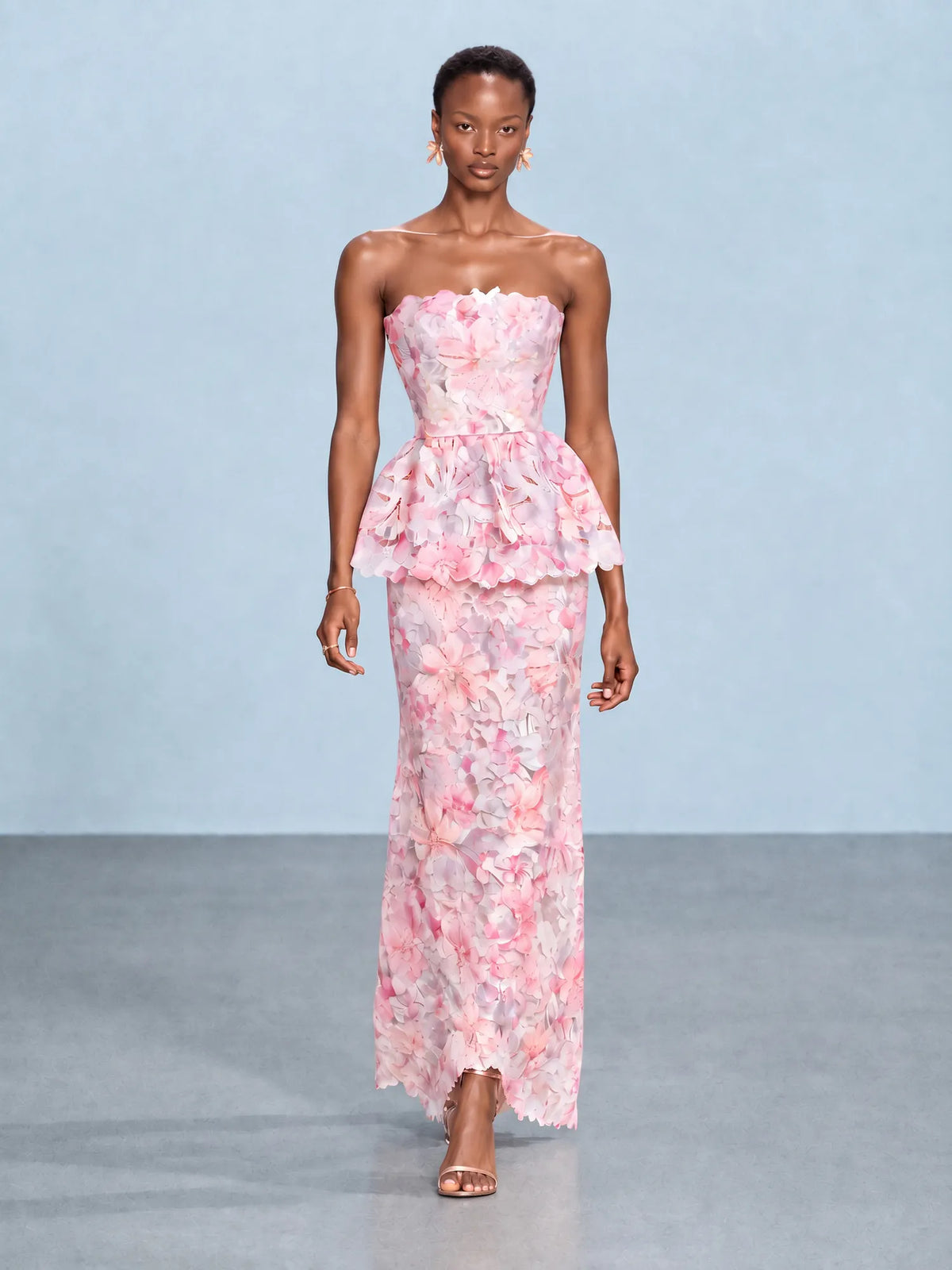 Keira Strapless Floral Peplum Maxi Dress
