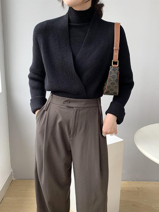 Stylish 6 Colors Knitting V-Neck Asymmetric Sweater