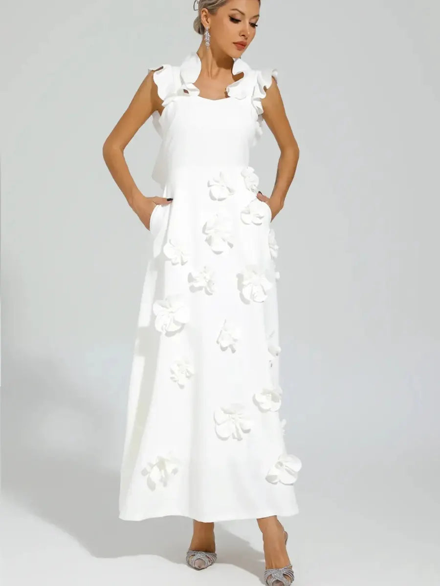 Elara Floral Applique Halter Maxi Dress