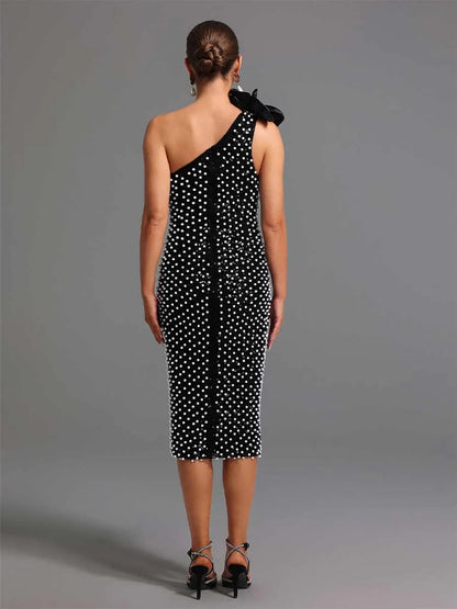 Calla One Shoulder Flower Diamond Pearls Midi Dress