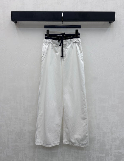 CC Drawstring Webbing Trousers White Cotton Tencel 350186