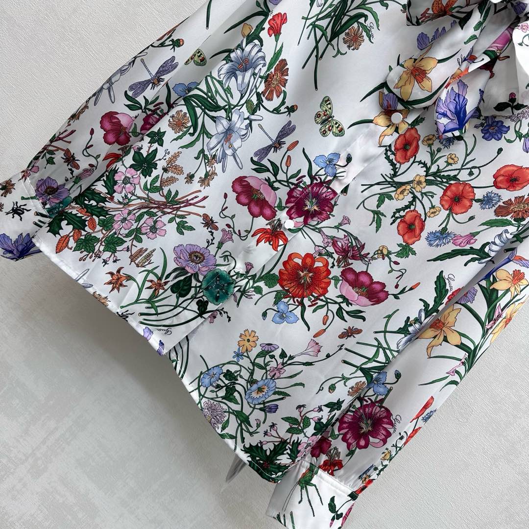 GG SS26 Flora Printed Collared Shirt White Multicolor Silk 351788