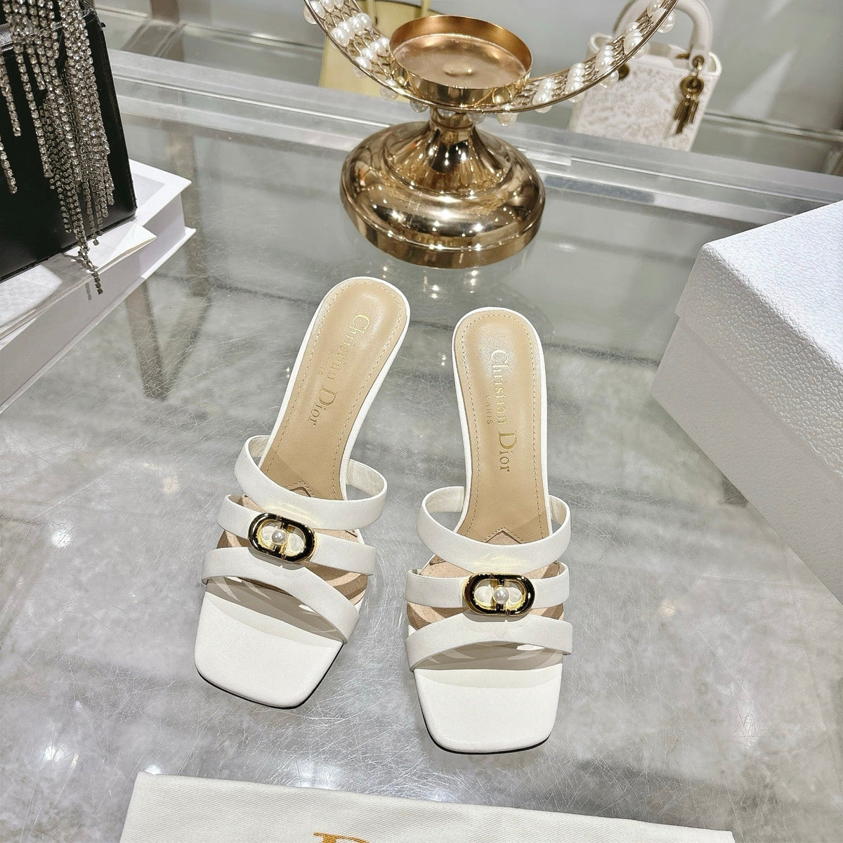 CD 26 High-Heeled Sandals 75mm White Beige Leather 592256