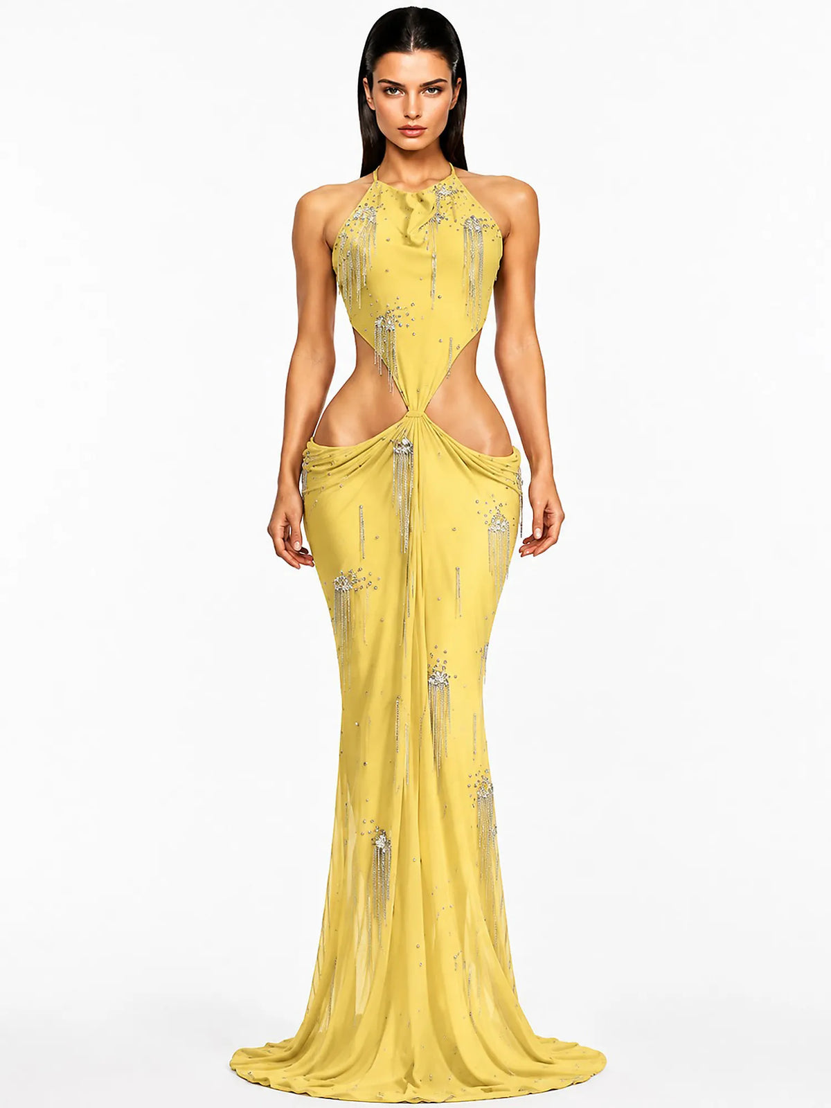 Sabrina Pleated Cut-Out Metallic Tassel Maxi Dress In Yellow