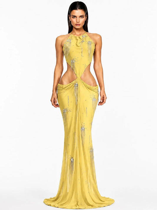 Sabrina Pleated Cut-Out Metallic Tassel Maxi Dress In Yellow