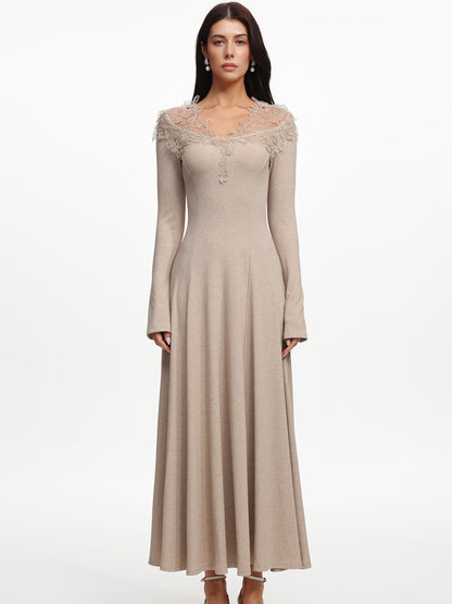 Madeline Vintage Long Sleeve Floral Knit Maxi Dress