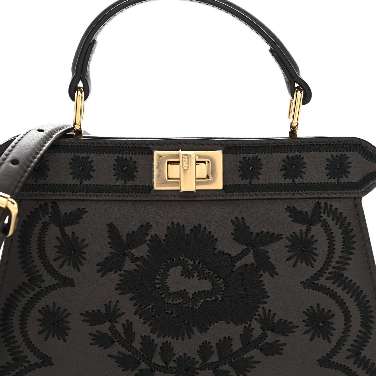 Vitello Seta Shiny Nappa Floral Embroidered Petite Peekaboo I SEE U Satchel Carbone Black