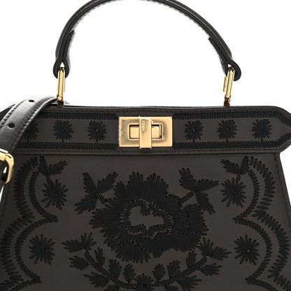Vitello Seta Shiny Nappa Floral Embroidered Petite Peekaboo I SEE U Satchel Carbone Black