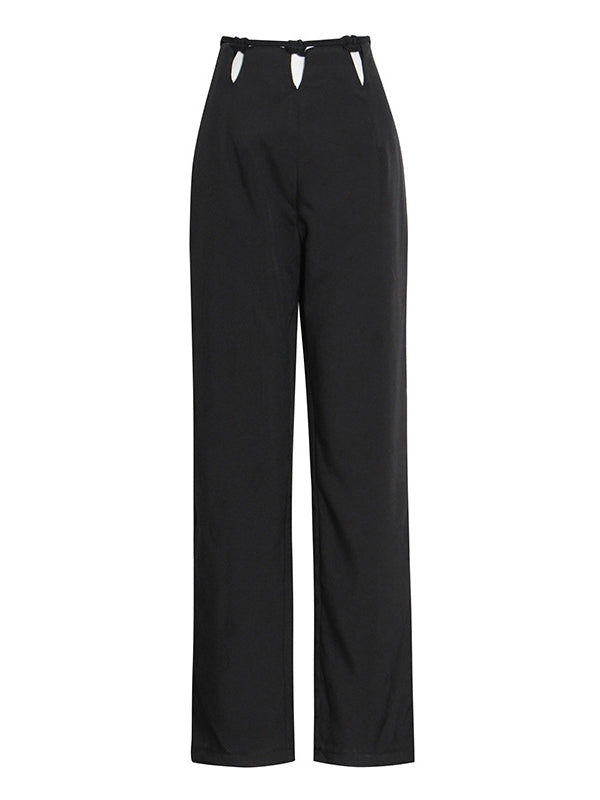 Stylish Weave Hollow Waisted Solid Color Wide Leg Pants
