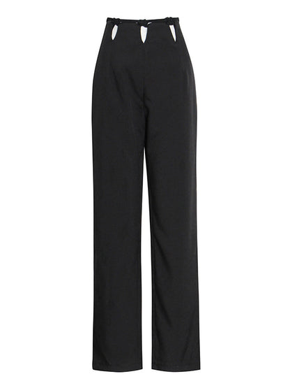Stylish Weave Hollow Waisted Solid Color Wide Leg Pants