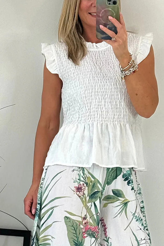 Charming Body Linen Blend Smocked Detail Frill Sleeve Blouse