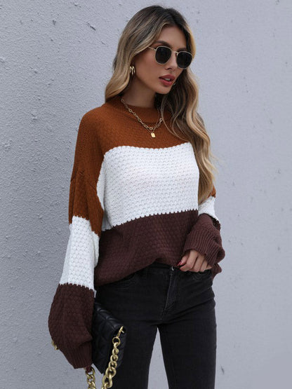 Simple Loose Contrast Color Striped Round-Neck Sweater