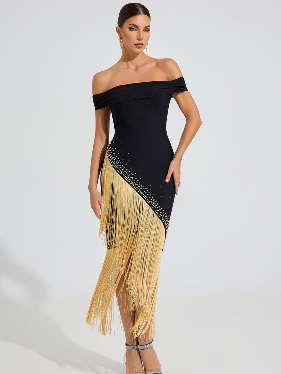 Taylor Gold Fringe Elegance Midi Dress In Black