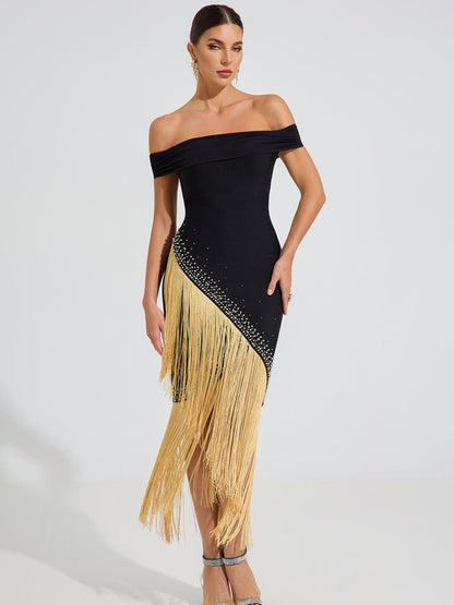 Taylor Gold Fringe Elegance Midi Dress In Black