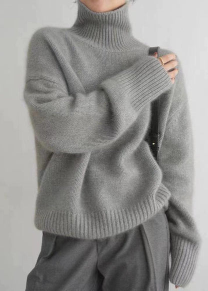 Grey Knit Turtleneck Sweater Soft Plush Fabric