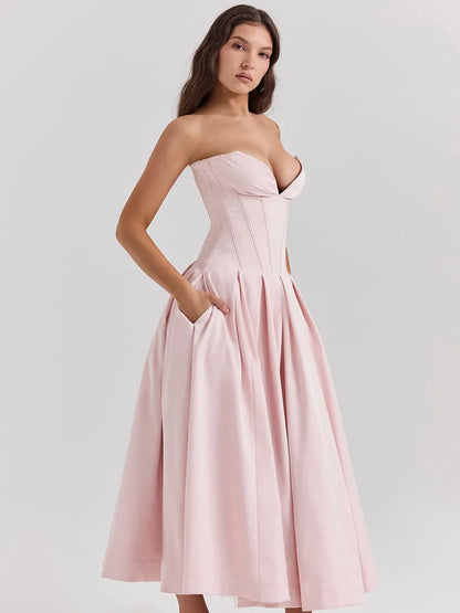 Savannah Off-Shoulder Corset Midi Dress In Pink